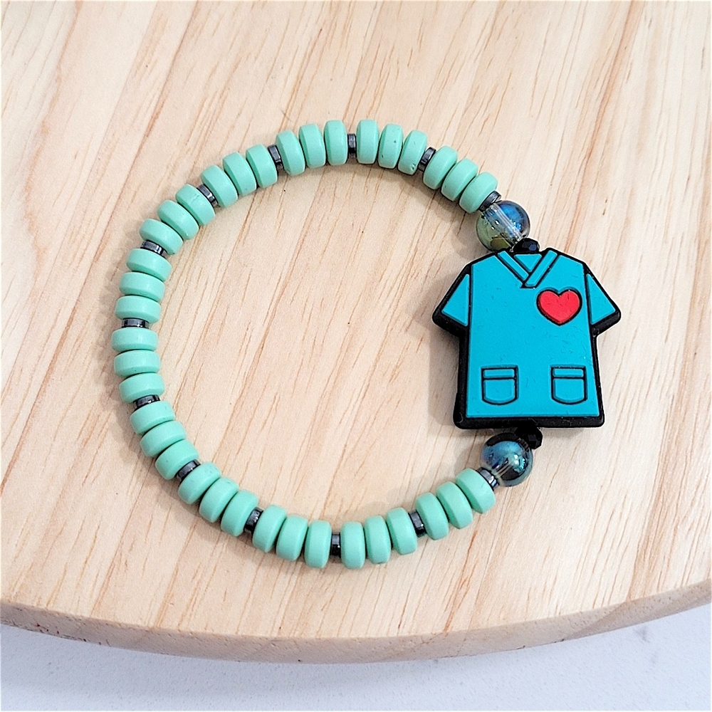 Hand Crafted Healthcare Bracelet Clay Silicone Hematite Glass Stretch Size 7.5"